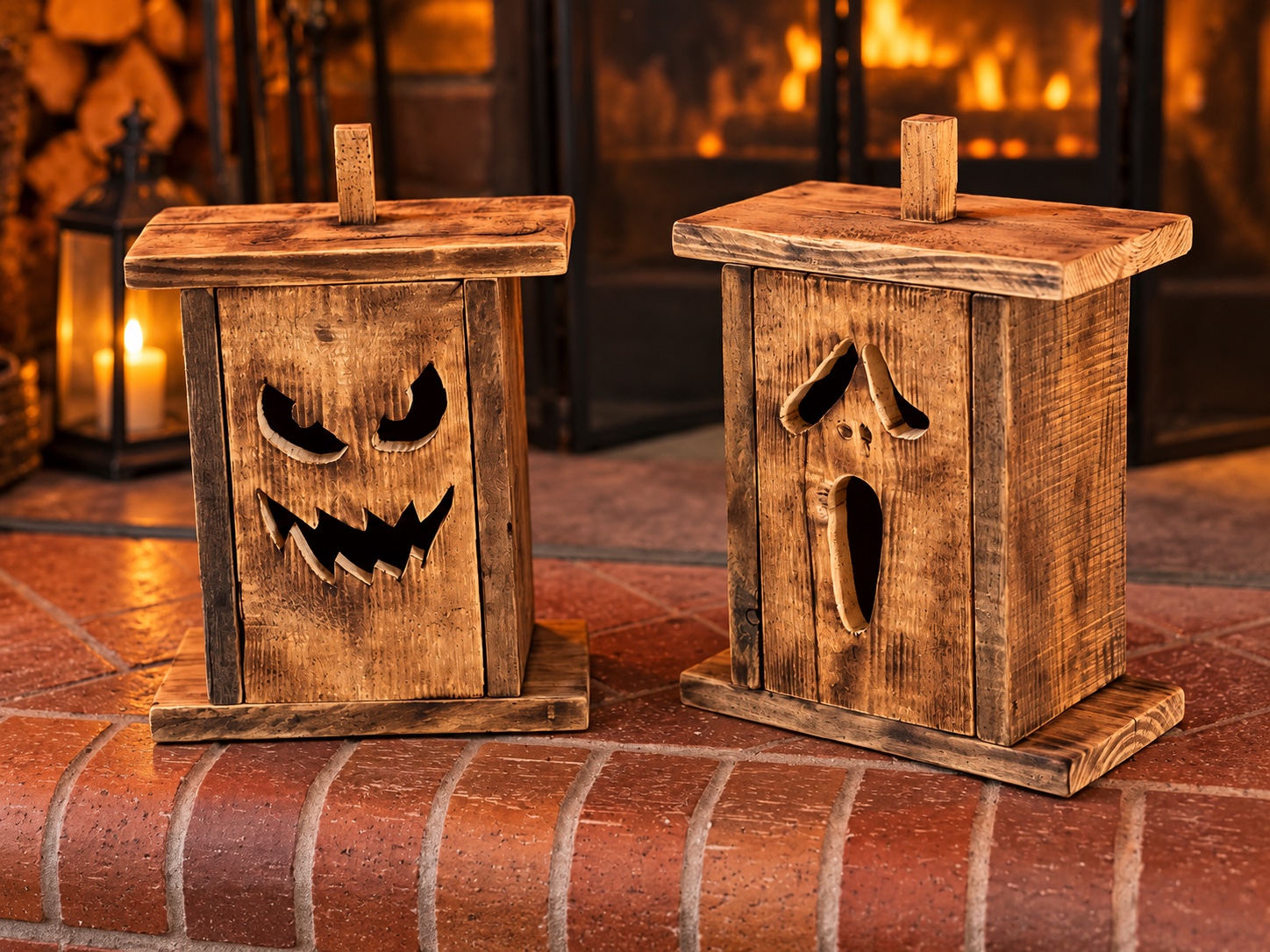Pair of rustic handmade Halloween wooden pumpkin lantern boxes