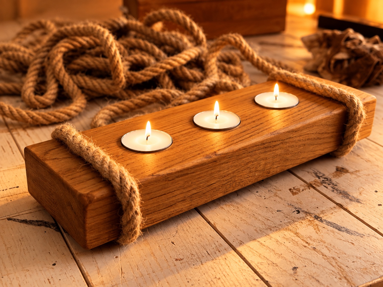 Rustic handmade rope candle holder with three tealights