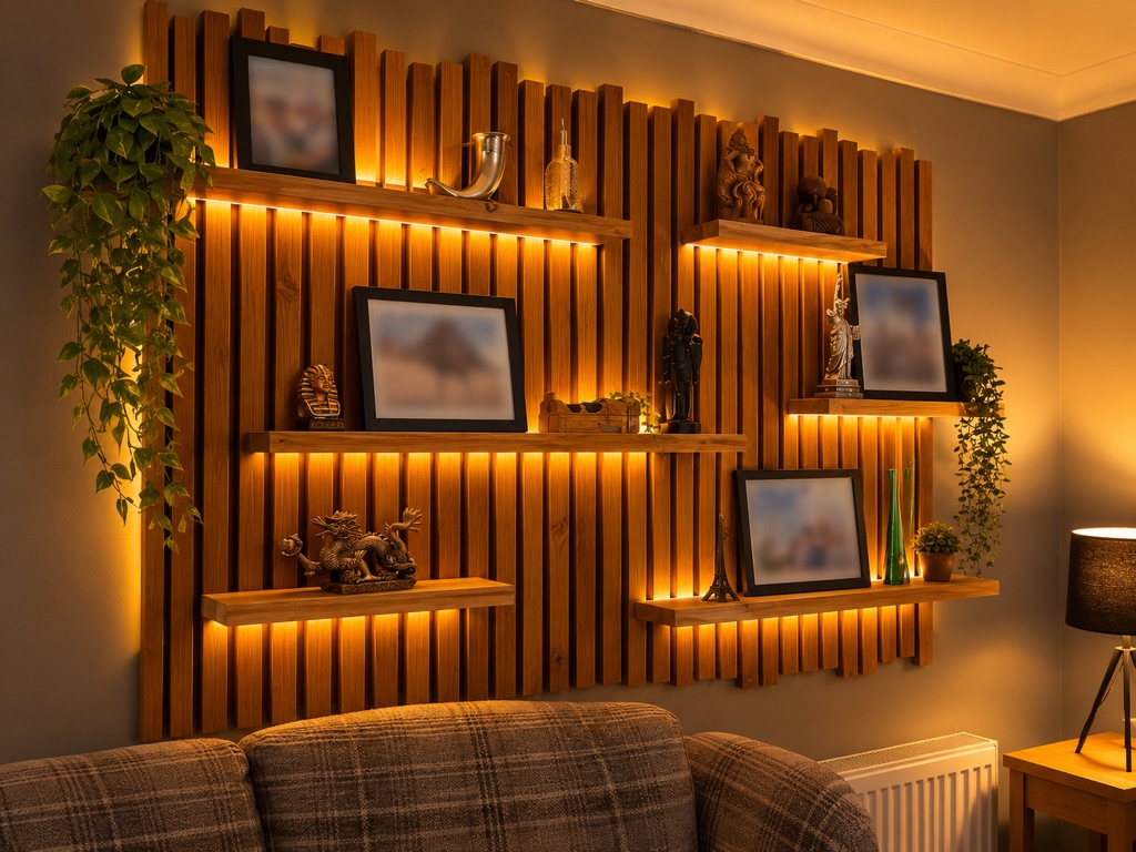 Rustic timber slat feature wall with illuminated shelves