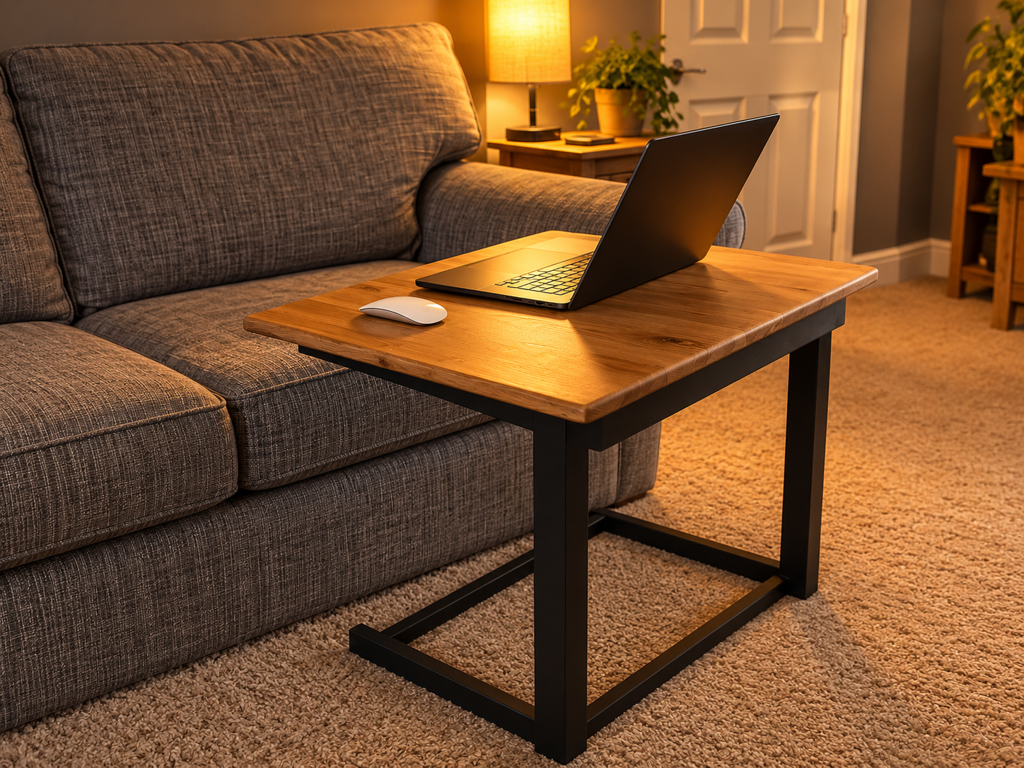 Handmade sofa-side computer table with warm timber top and black frame